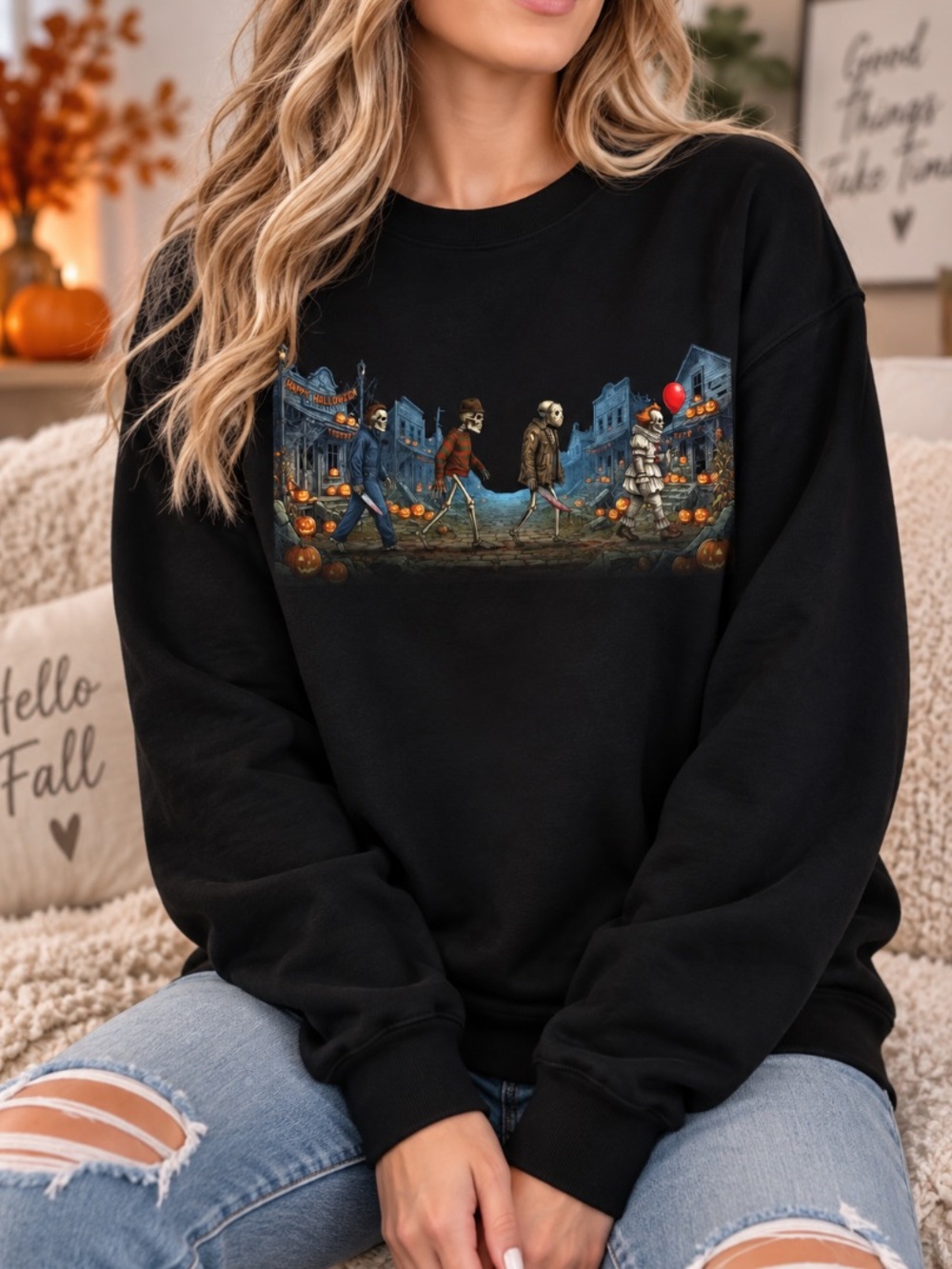 Halloween Shirt Horror Characters Abbey Road Gildan Black Sweatshirt